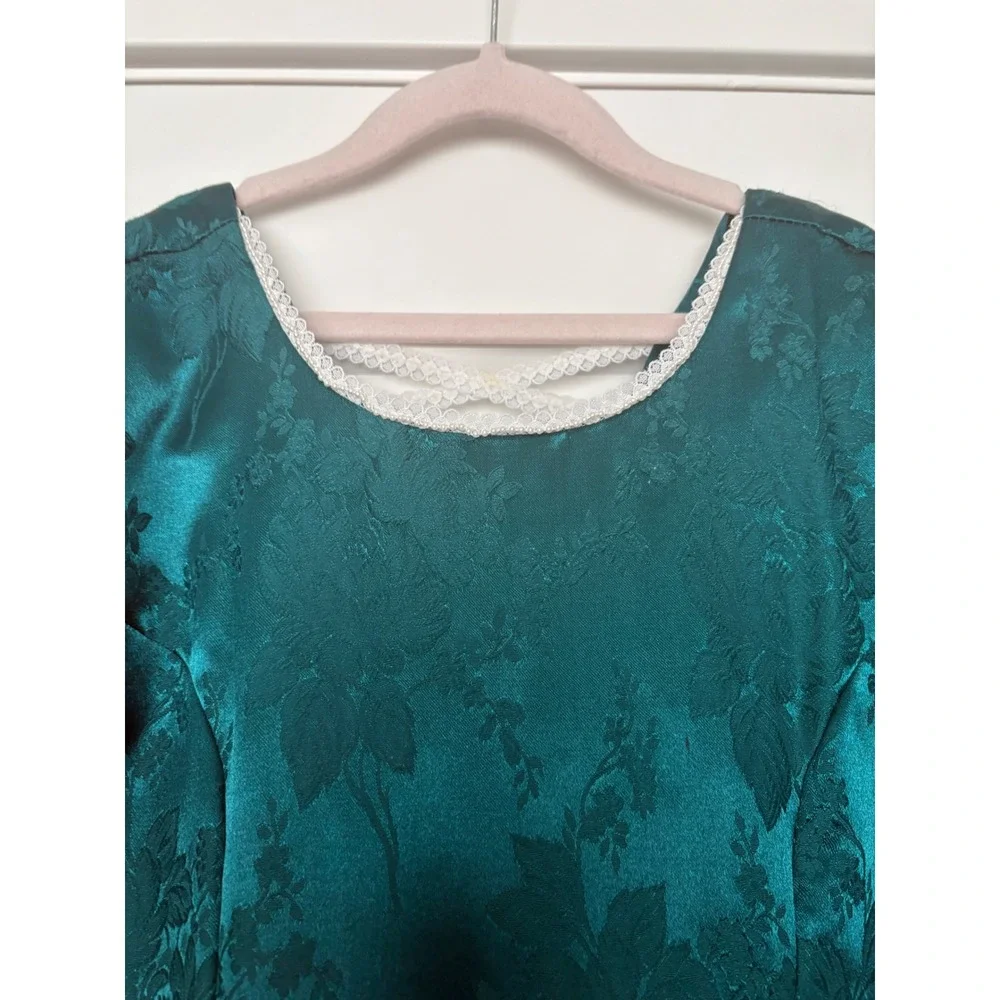 Vintage Disorderly Kids Emerald Green Floral Jacquard Dress Girls14 Made in USA